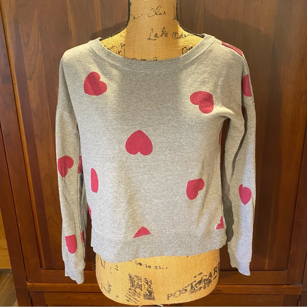 Keds Y2K Heart Print Sweatshirt XS Gray Pink Valentine Crewneck Pullover